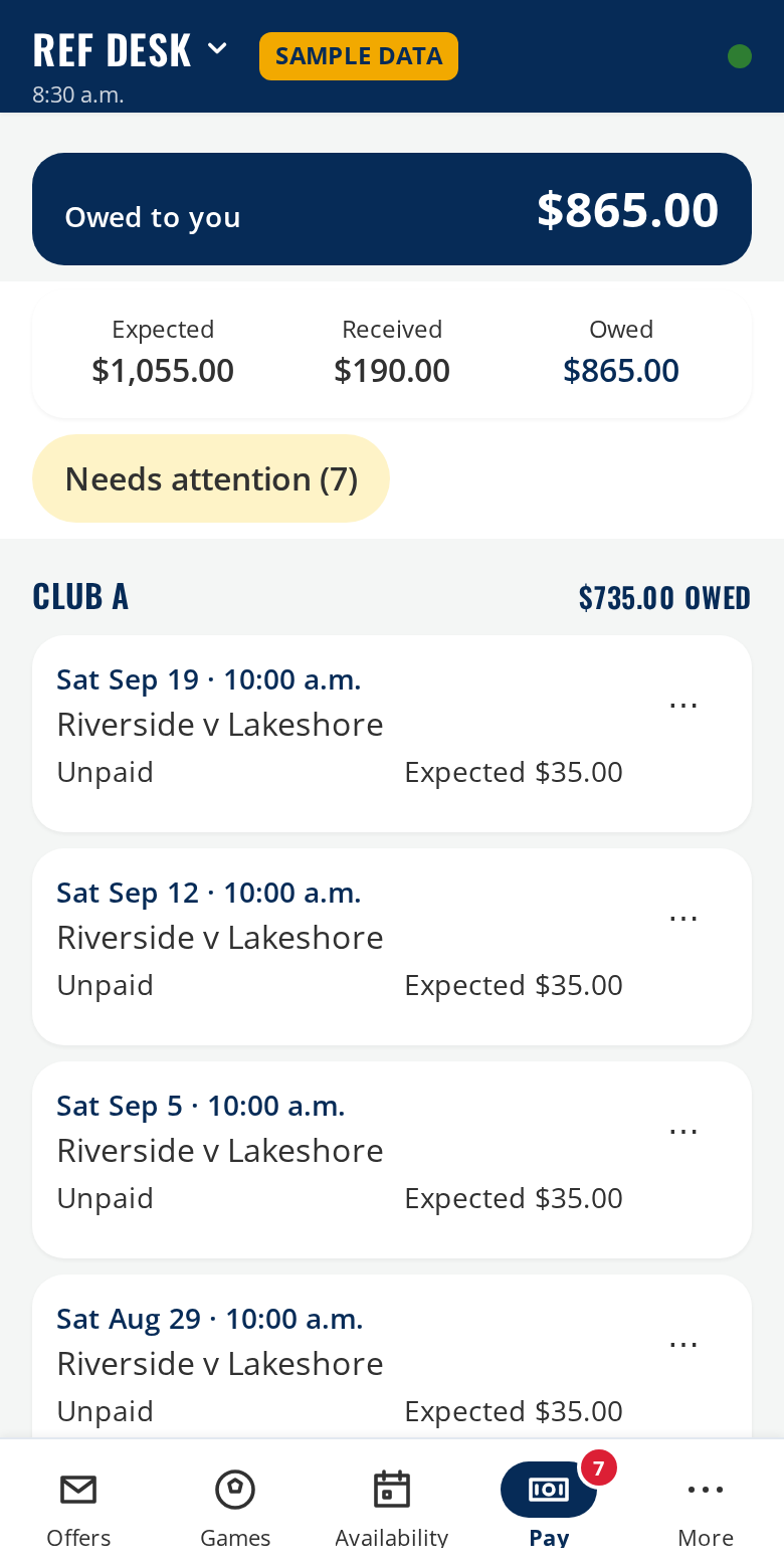 Pay screen with money owed by payer, sample data