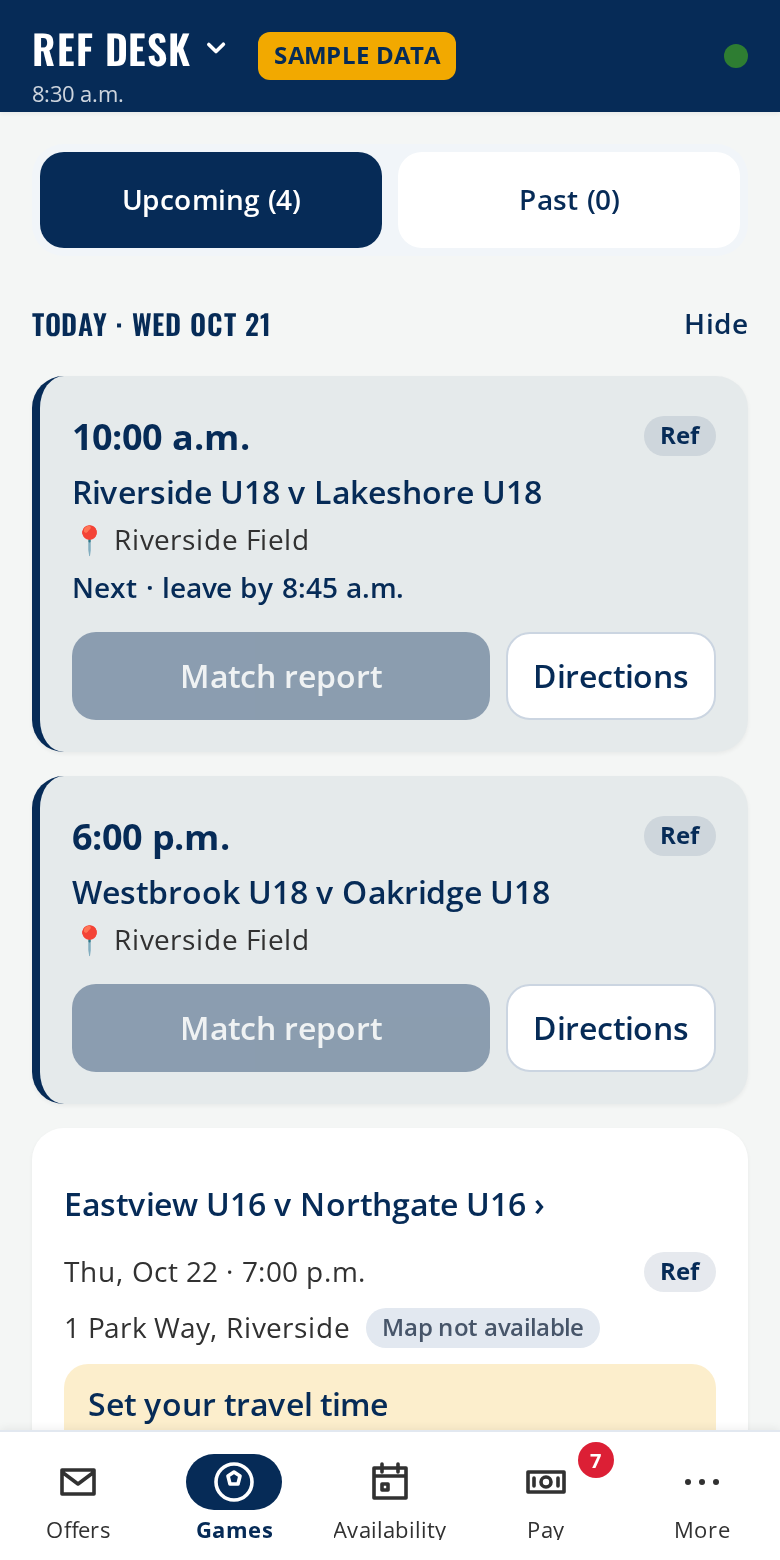 Today screen with the next game and leave-by time, sample data